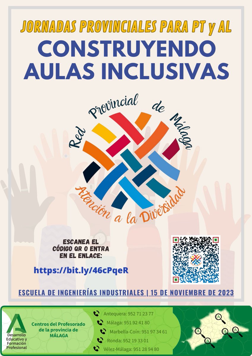 cepantequera's tweet photo. "JORNADAS PROVINCIALES PARA PT Y AL: CONSTRUYENDO AULAS INCLUSIVAS"
Código: 242922GE042.  
Duración: 8 horas. 
Inscripciones del 9 al  20 de octubre de 2023. 
Fecha de la actividad: 15 de noviembre.
Más información e inscripción en: https://t.co/jo8E4s1iaX https://t.co/HS5mPWxp6A