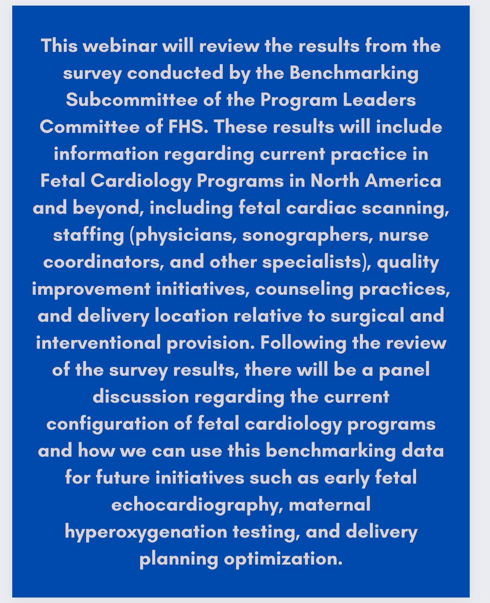 Come join us in another FREE webinar !

📋 Current trends in Fetal Cardiology:
FHS Benchmarking Survey Results
📅 Oct 12, 2023 Thurs
🕰️ 20:30 ET/17:30PT/00:30GMT (Fri)
Register here: childrensnational.zoom.us/webinar/regist…