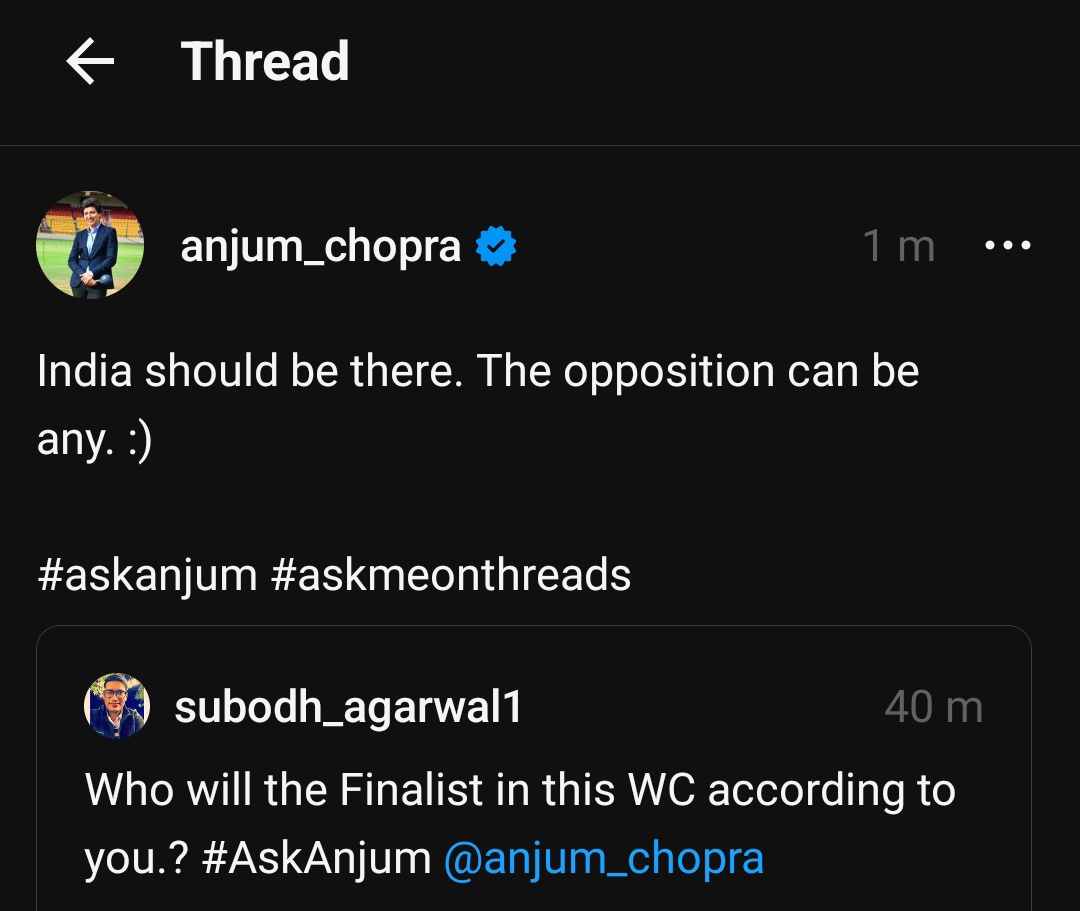 SubodhAgarwal1's tweet image. Thanks @chopraanjum ma&apos;am for answering My Questions on #ThreadApp #AskAnjum 😊

#CricketTwitter
#CricketWorldCup2023