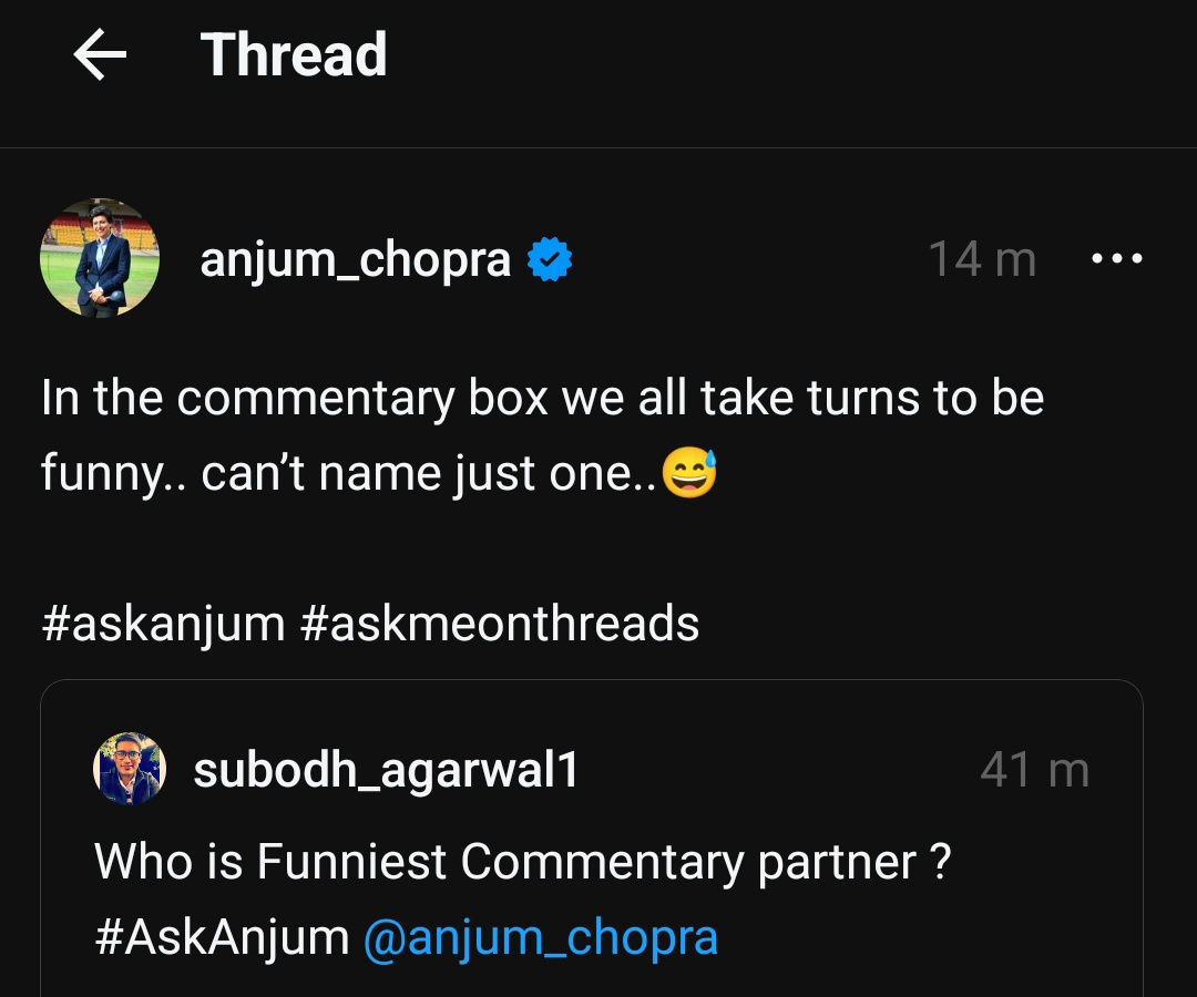 SubodhAgarwal1's tweet image. Thanks @chopraanjum ma&apos;am for answering My Questions on #ThreadApp #AskAnjum 😊

#CricketTwitter
#CricketWorldCup2023