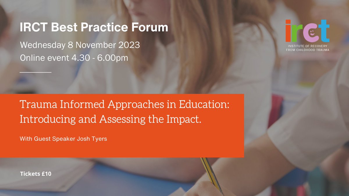 Looking forward to hosting this Best Practice Forum event with <a href="/irct_uk/">Institute of Recovery from Childhood Trauma</a> 

Trauma Informed Approaches in Education: Introducing and Assessing Impact

Watch out for future webinars! 

eventbrite.co.uk/e/trauma-infor…