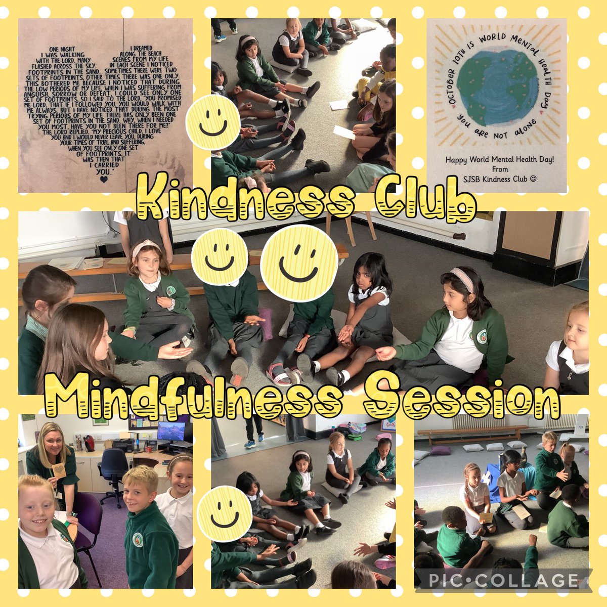 _misschadwick's tweet photo. To mark #WorldMentalHealthDay2023 Kindness Club ran a lunchtime mindfulness session for their friends, practising different breathing techniques to help them feel calm. They also delivered some kindness cards to the adults around school. @sjsbmh #MentalHealthAwareness #sjsbCST https://t.co/ndk6awWWjR