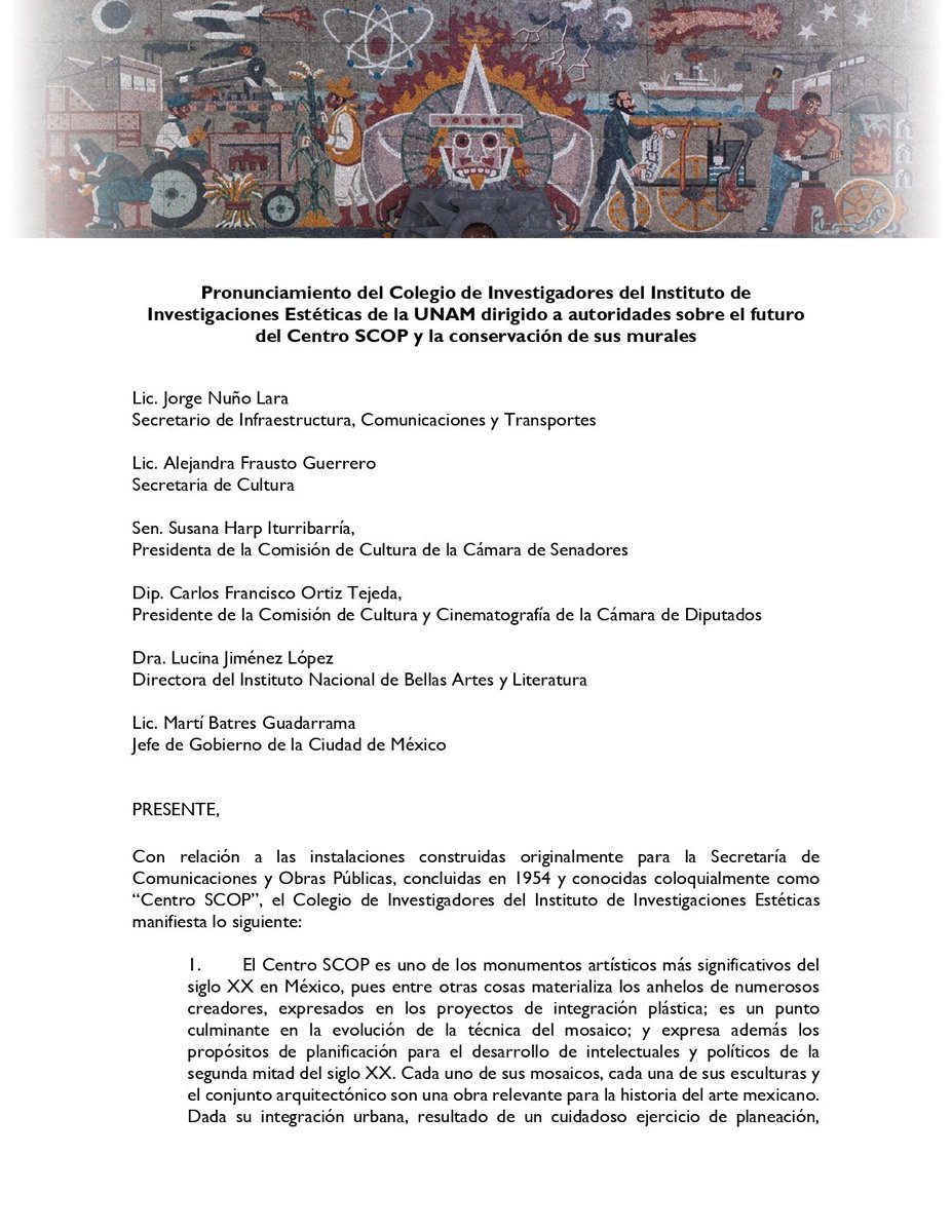iiesteticas's tweet photo. Compartimos el pronunciamiento del Colegio de Investigadores del Instituto de Investigaciones Estéticas de la UNAM sobre el futuro del Centro Scop y la conservación de sus murales. https://t.co/rrXx63nVdZ