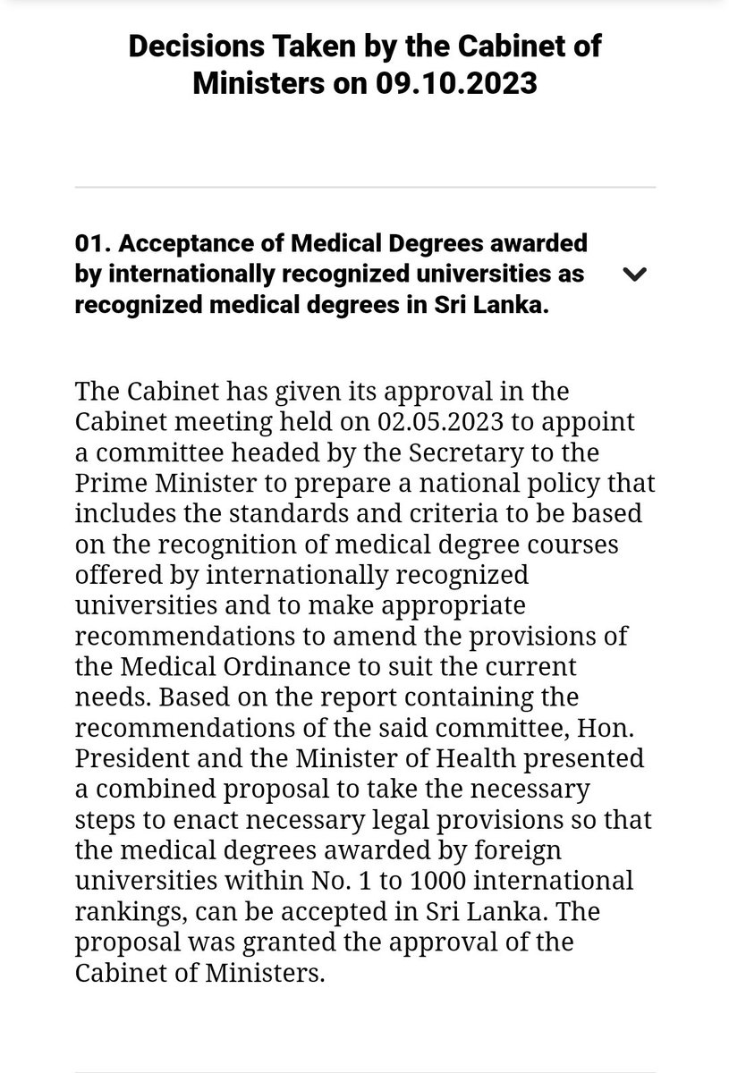 Historically, uni grads from other unis were prohibited access to sit the ERPM because the SLMC refused to recognition. After lobbying for it personally, a #lka cabinet decision was made to recognise the top 1000 medical faculties globally for prequalification to sit the ERPM.