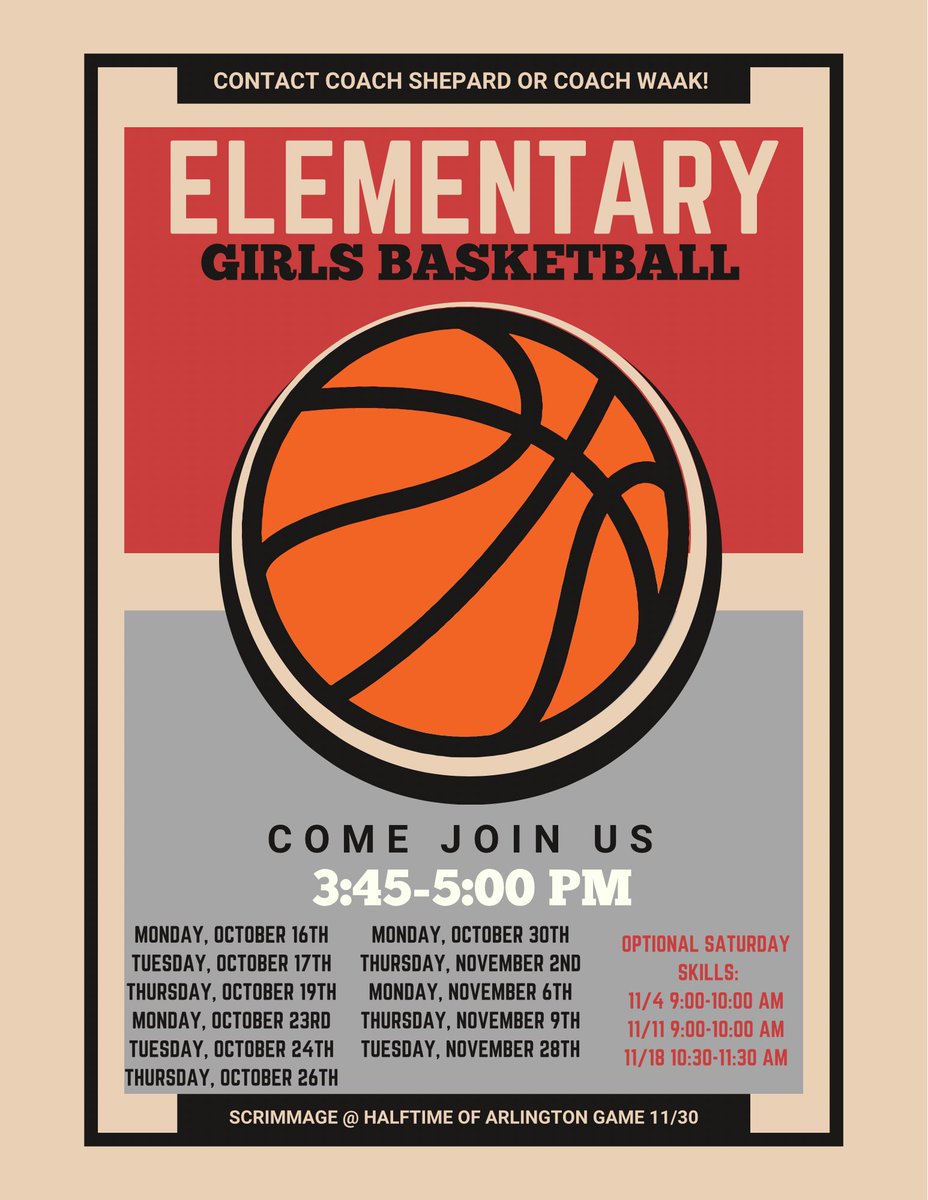 All 3rd-6th grade girls are welcome to join us for Elementary Basketball starting next week after school! 

Check your daughter’s folder for a sign up form! They can be turned into the Elementary office, to Coach Shepard, or to Coach Waak!