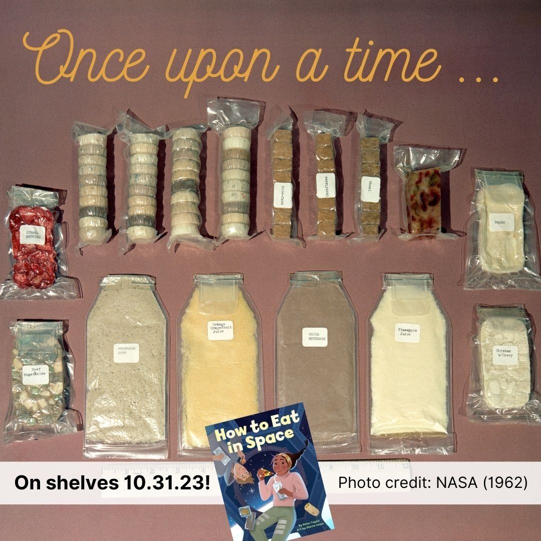 Once upon a time, during the Mercury program, space food looked like this. Items pictured include mushroom soup, cocoa beverage, pineapple juice, chicken with gravy, pears, strawberries, and more. T minus 21 days! #howtoeatinspace #spacefood #stembooksforkids #kidslovenonfiction
