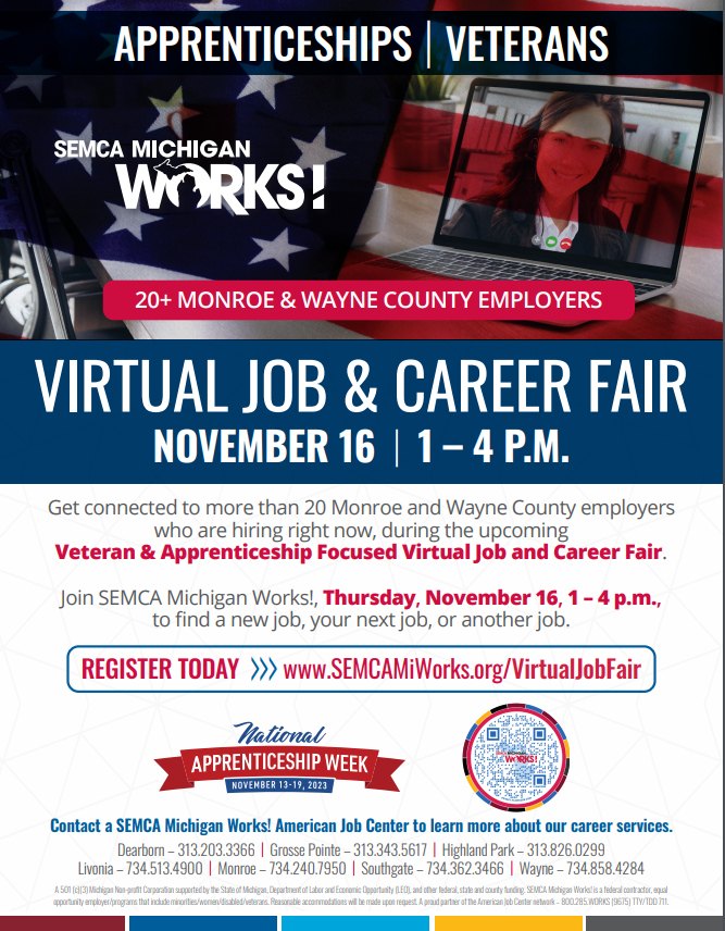 SEMCA_MWA_LIV's tweet image. Join us on Nov 16, 1-4 PM for the Michigan Works! Association Virtual Job Fair. Explore apprenticeship opportunities and boost your career! 💼🚀 #MichiganWorks #Apprenticeships #CareerFair 
semcamiworks.org/job-seekers/vi…