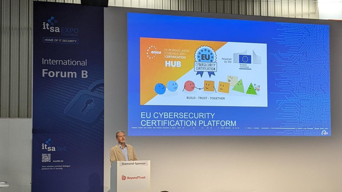 enisa_eu's tweet photo. At @itsa_ITSecurity in 🇩🇪: "Industry should play a role in the uptake & maintenance of the #EUCyberCertification schemes. ENISA, with the CEF certification platform, is creating a place for the community to gather and exchange."
Visit us at Booth: 7-212 #itsaexpo https://t.co/jvLsx0UAaK