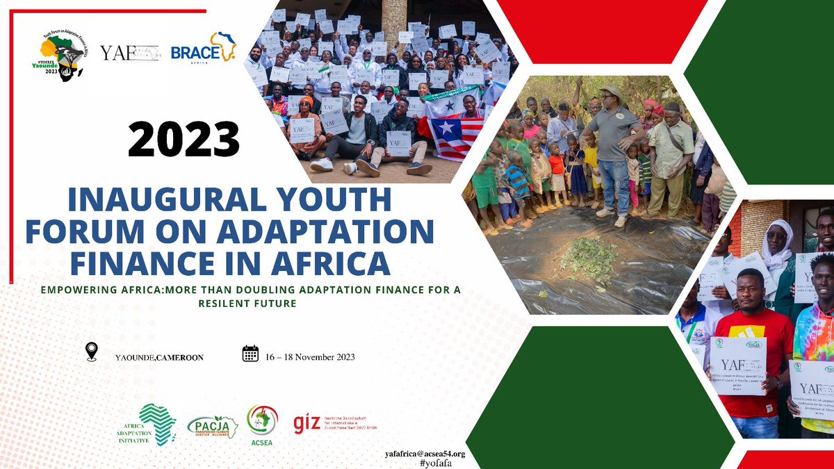 Call for application for the Inaugural Youth Forum on Adaptation Finance in Africa.
Theme: Empowering Africa: More than doubling adaptation finance for a resilient future, from 16 – 18 Nov 2023 in Yaoundé, Cameroon.

Apply here by October 20, 2023 : yafafrica.acsea54.org/youth-forum-on…