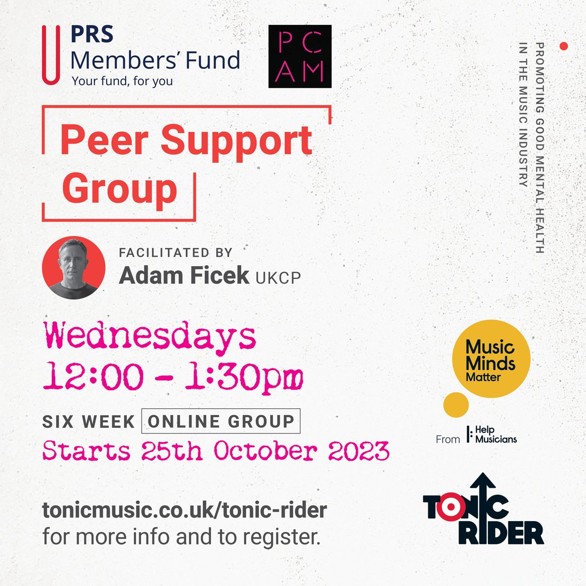Are you a PRS and PCAM member?    

Join our FREE online Peer Support Group for producers and composers of applied music  - with <a href="/prsfund/">PRS Members' Fund</a>, <a href="/PCAMusic/">PCAM</a> &amp; <a href="/HelpMusicians/">Help Musicians</a>

facilitated by <a href="/adamficek/">Adam Ficek</a>

#TonicRider #MusicMindsMatter #Producers #Composers #MentalHealth #Wellbeing #Music