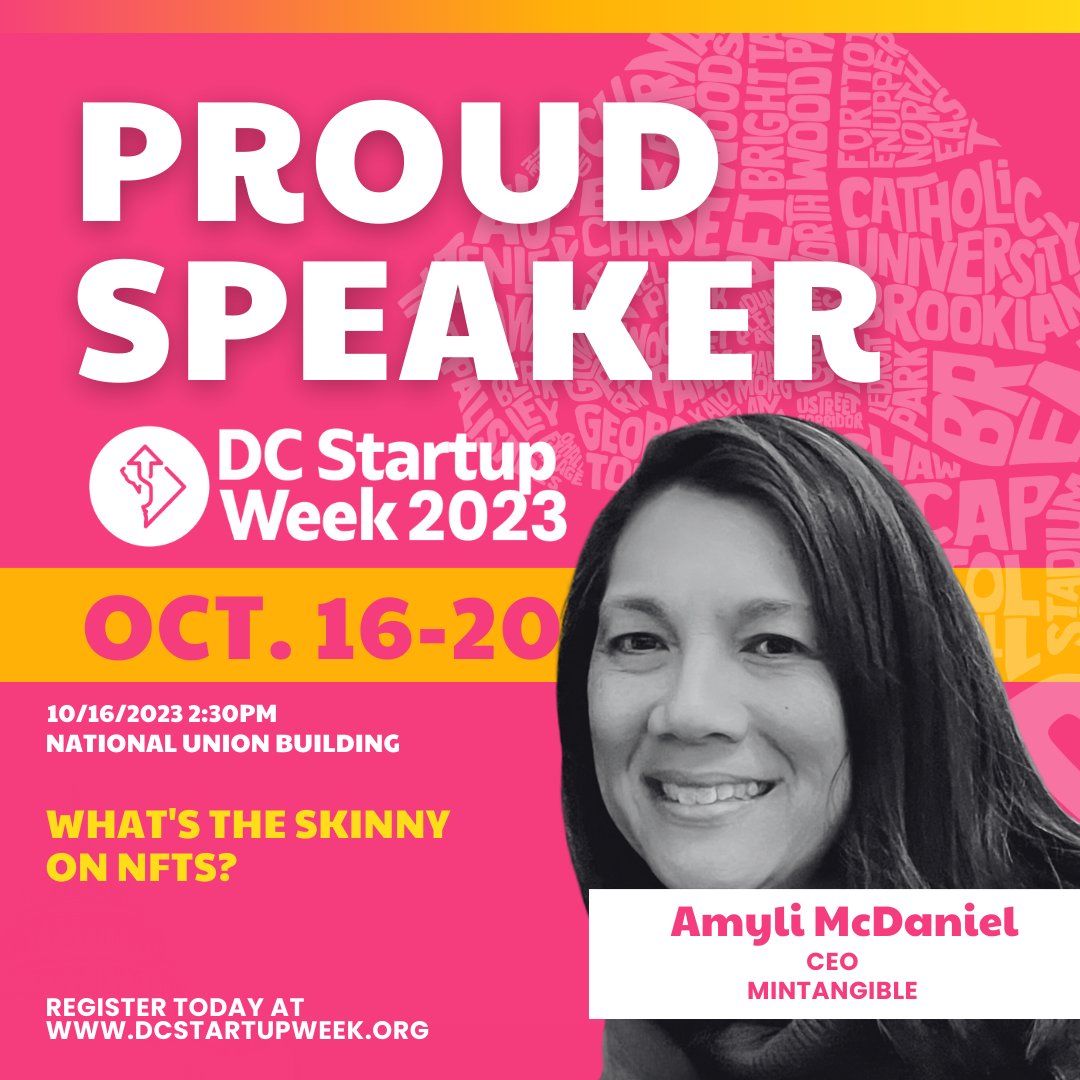 MINTangible_io's tweet image. Don&apos;t miss Amyli McDaniel&apos;s  talk on NFT opportunities at DC StartUp Week on 10/16! Secure your spot at dcsw23.sched.com/event/1SInn/wh… and gain insights into the evolving NFT market. #NFTs #DCStartupWeek