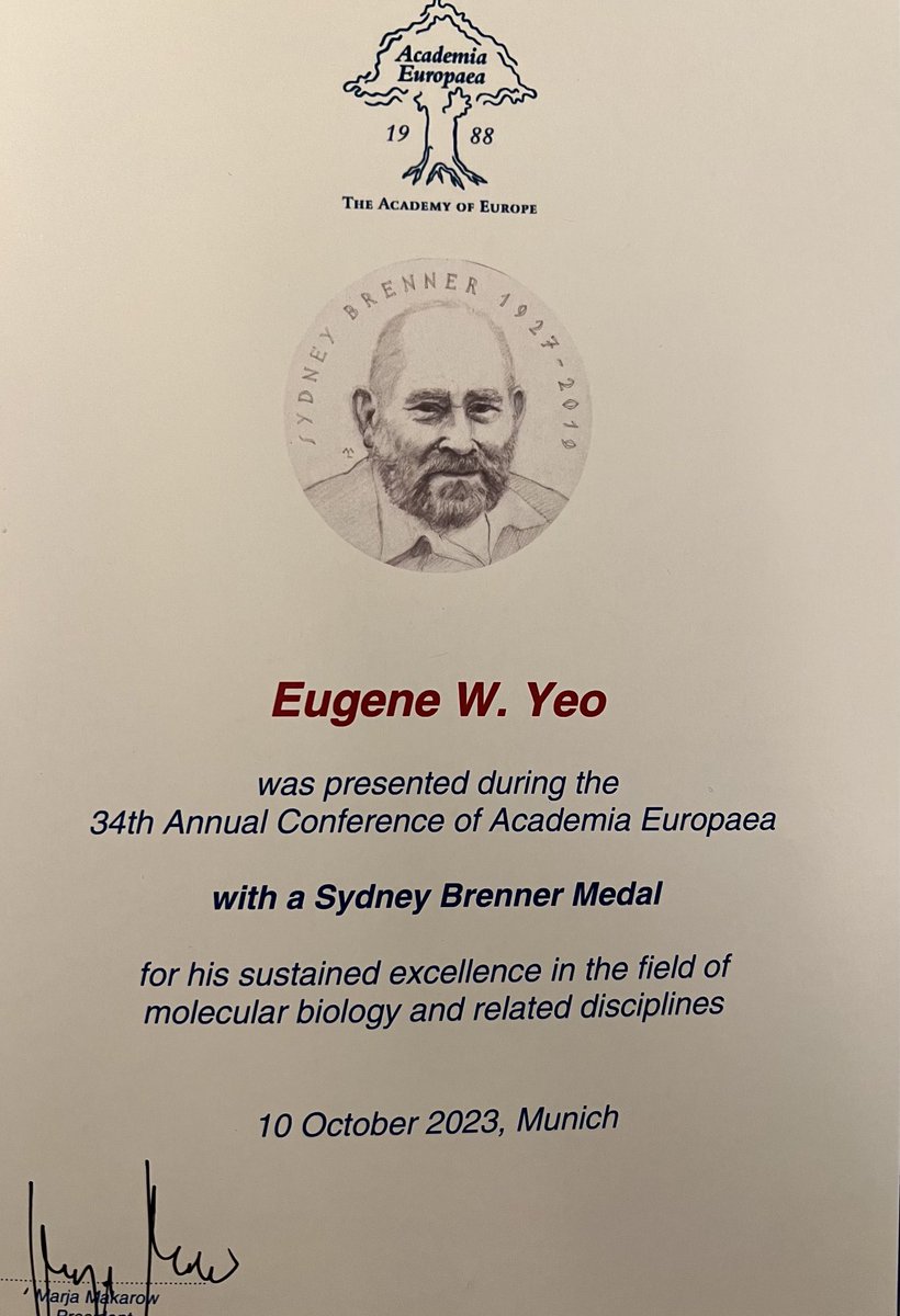 Honored to receive the inaugural Sydney Brenner Medal to recognize the best in scholarship in the fields of life sciences, especially molecular biology not more than 20 years after the PhD. Delighted that the award was presented by Carla Brenner ⁦<a href="/acad_euro/">Academia Europaea</a>⁩ !