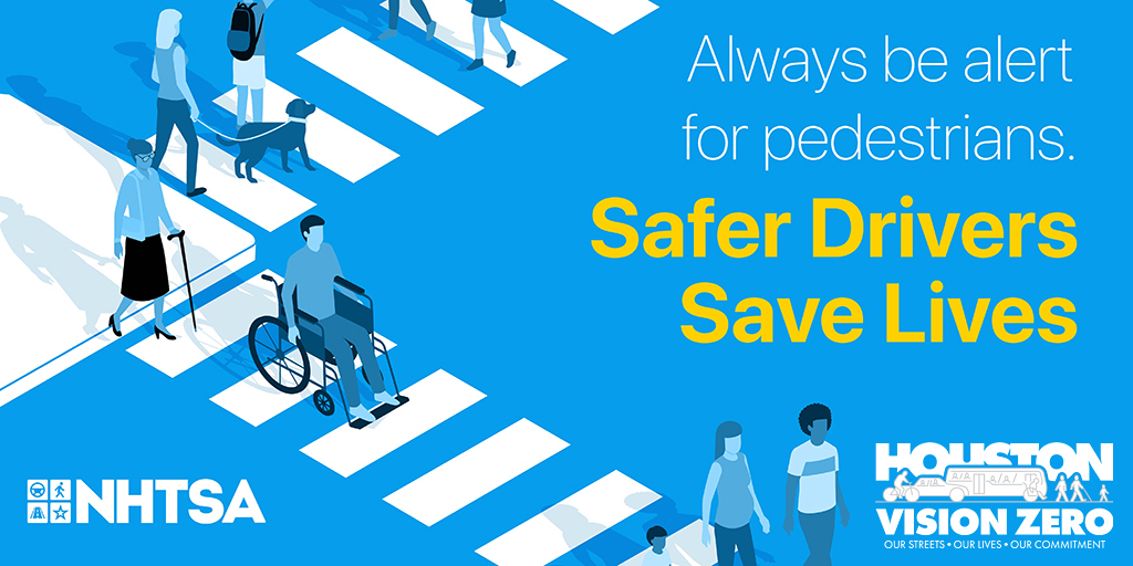 HoustonPlanning's tweet photo. October is #PedestrianSafetyMonth. Remember to pay attention to traffic signs and others on the road. Houston lost 323 people to traffic crashes in 2022, 36% of which were pedestrians. Everyone has the right to arrive at their destinations safely #VisionZeroHouston https://t.co/2W3bQYbVc4