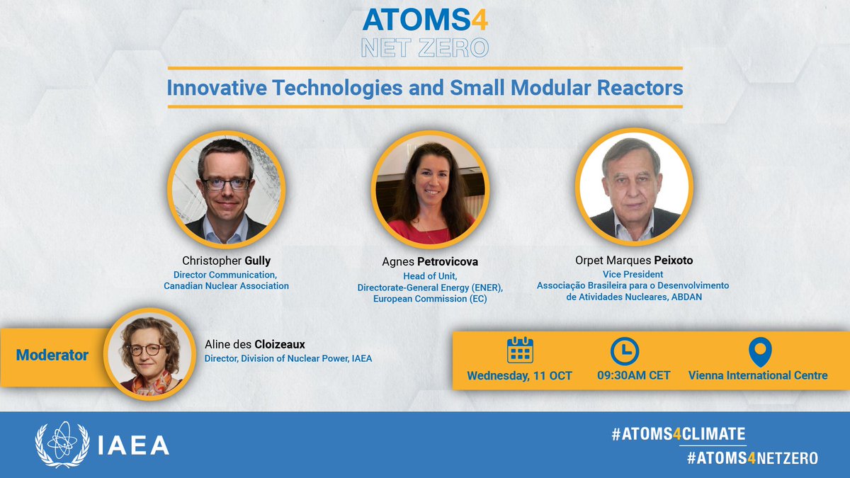 We're on day 3 of the #Atoms4NetZero! Join @Gully_Chris from <a href="/CanadaNuclear/">Canadian Nuclear Association</a>, <a href="/Energy4Europe/">Energy4Europe 🇪🇺</a>’s Agnes Petrovicova &amp; Orpet Marques Peixoto of Brazilian Association for the Development of #Nuclear Activities (ABDAN) for the panel on innovative tech &amp; SMRs.
🔴streaming.iaea.org/24345