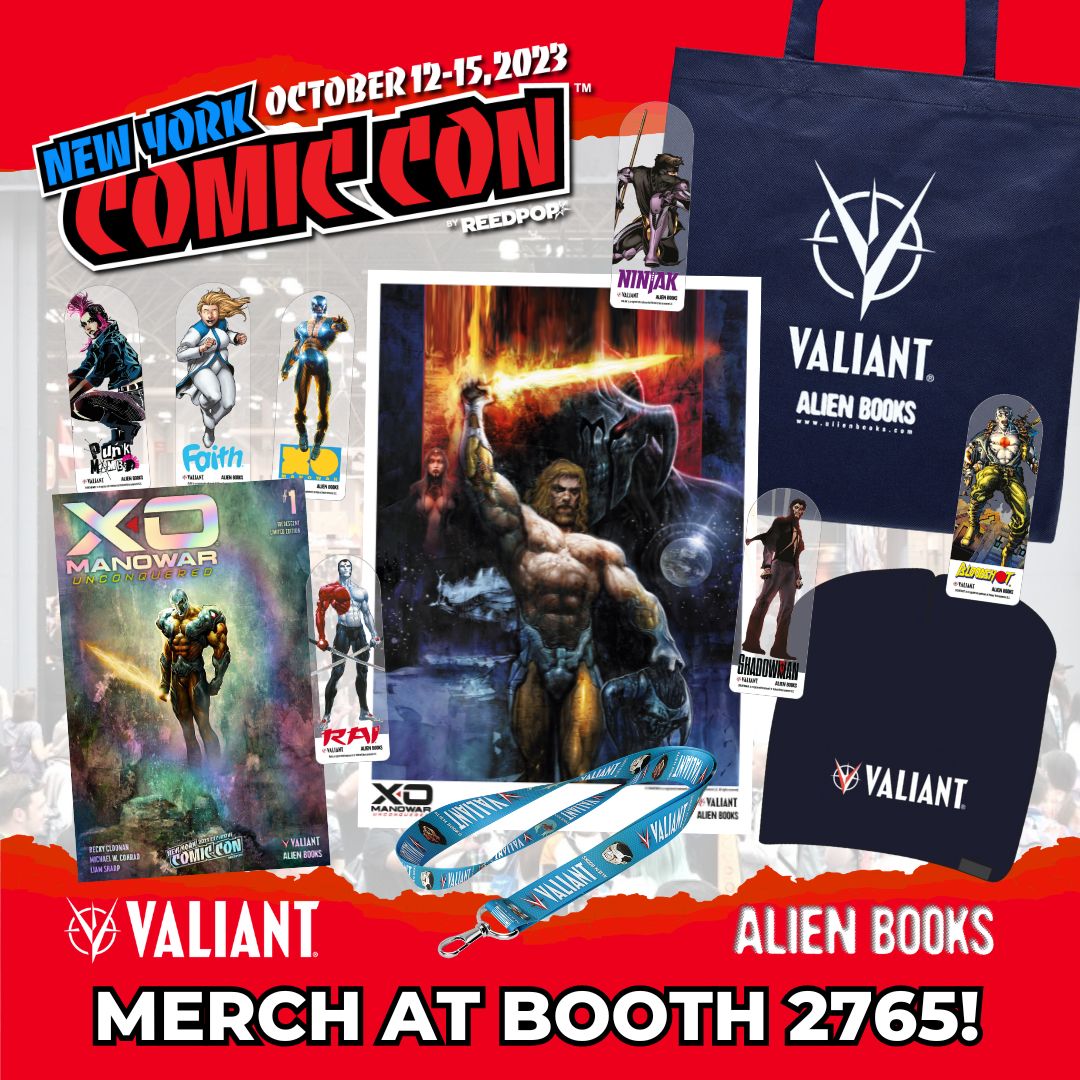 ValiantComics's tweet photo. 🌟 Exclusive NYCC Merch Alert! 🌟

We're unveiling a treasure trove of exclusive Valiant merchandise at New York Comic Con 2023! 

📅 Date: October 12th-15th
📍 Location: Booth 2765, New York Comic Con

#StayValiant #NYCC2023 #ExclusiveMerch #ComicConSwag #ValiantComics https://t.co/o3nXxys9rh