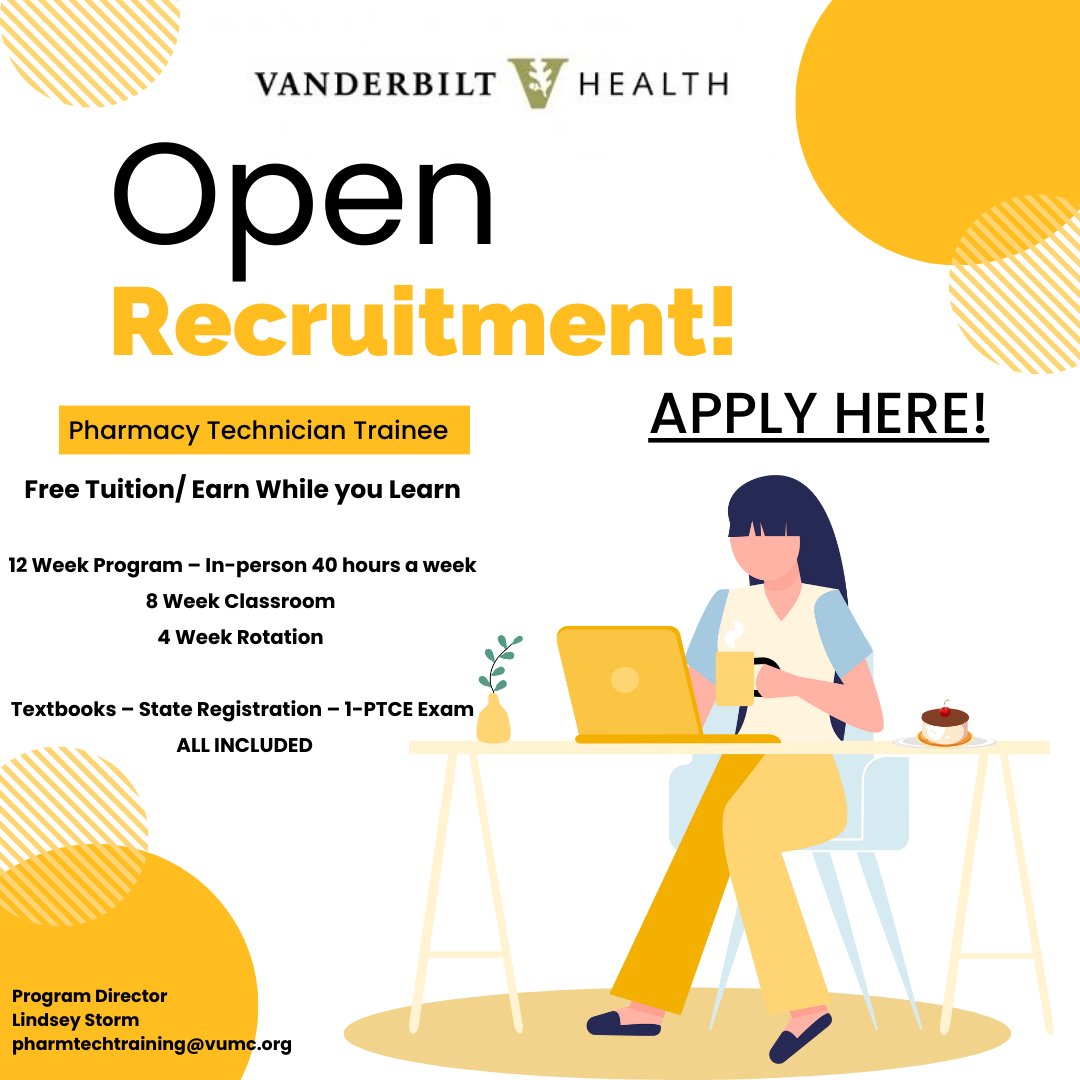 vumcpharmtech's tweet photo. Applications open for our Spring 24 Class!!!
 #VUMCCPiAH  #VUMCPharmacy  #VUMC
#PharmacyTechnicians 
https://t.co/pcfdYiRYfT https://t.co/hbN2Brp1Gr