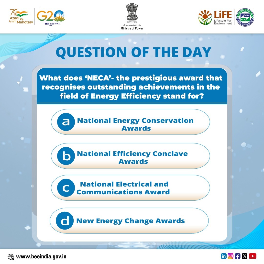 Learn all about the upcoming #NECA awards with this #NECATrivia series Can you guess the correct answer to this question? Share your answers on the comments below. 
#Sustainabledevelopment #sustainabilityIndia #EnergyEfficiency #energyconservation #energytransistion #NECA2023