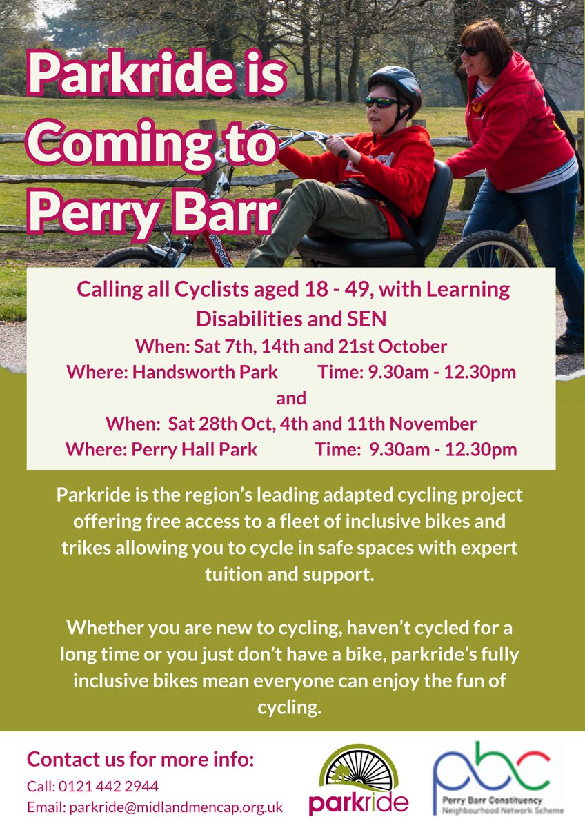 Join parkride at their FREE Pop-Up events In Handsworth Park and Perry Hall Park this October and November! Who can join? Anyone aged 18-49 with Learning Disabilities or SEND. For more information: Email: parkride@midlandmencap.org.uk Call: 0121 442 2944