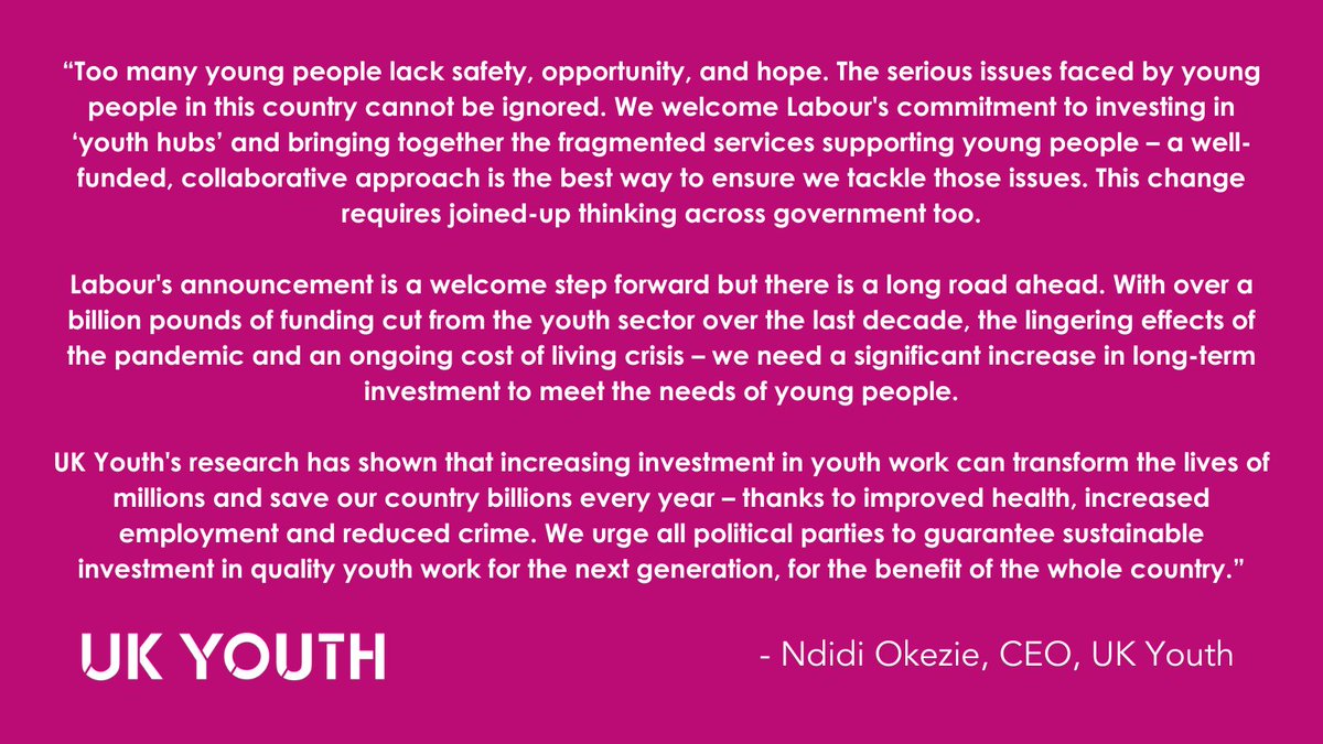 UK Youth (@ukyouth) on Twitter photo We welcome #Labour's commitment to investing in 'youth hubs' to support young people, however, we urge all political parties to guarantee sustainable investment in quality youth work for the next generation, for the benefit of the whole country 👇 <a href="/Ndidi1st/">✰ Ndidi Okezie OBE</a> We welcome #Labour's commitment to investing in 'youth hubs' to support young people, however, we urge all political parties to guarantee sustainable investment in quality youth work for the next generation, for the benefit of the whole country 👇 <a href="/Ndidi1st/">✰ Ndidi Okezie OBE</a>