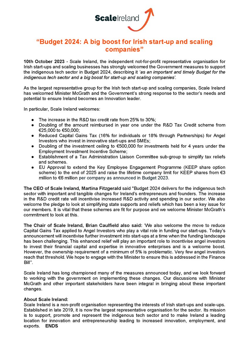Scale Ireland strongly welcomes #Budget2024 measures for tech start-ups and scaling companies as 'a big boost for entrepreneurs'.

We are also seeking further clarity on the terms of the reduced CGT for Angel Investors.