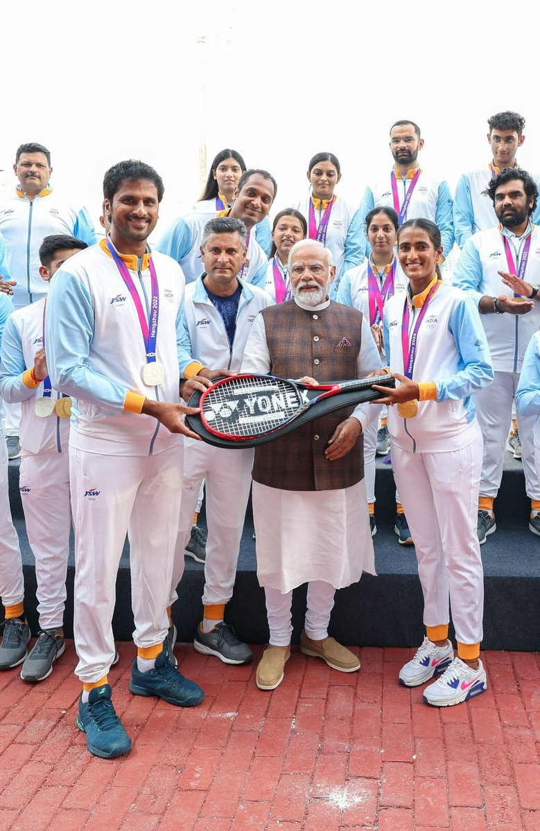 narendramodi's tweet photo. Glimpses from the very special meeting with our Asian Games contingent, their coaches and support staff.

The unwavering spirit, dedication and the countless hours of hard work of every athlete is inspiring. 

The accomplishments of our athletes have not just added to India's glory but have inspired millions. 

India is forever proud of them.