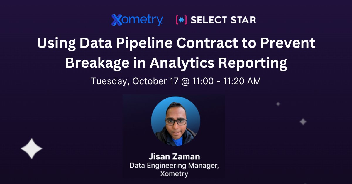 Using @selectstarhq, @Xometry's data engineering team implemented data contracts to proactively solve the problem of analytics reports breaking. 🧰 ⭐ Join @Xometry’s Jisan Zaman next week at @getdbt Coalesce to learn how they did it. coalesce.getdbt.com/agenda/using-d…