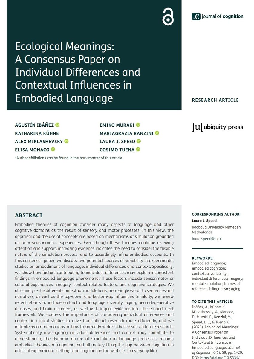 Our consensus paper on variability of embodied effects in language processing has just been published! 🎉🕵️
@AgustinMIbanez
@laurajspeed
@ejmuraki
@TuenaCosimo
@eslp2023
#embodied #embodiment #embodiedcognition #psychology #language #cognition 
...
journalofcognition.org/articles/10.53…