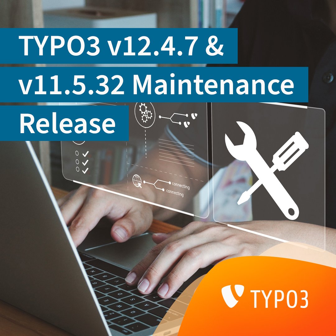 TYPO3 Project (@typo3) on Twitter photo #TYPO3 12.4.7 and 11.5.32 maintenance releases published
As scheduled, we’ve released #bugfix releases for our current #LTS versions today. Enjoy!
👀 typo3.org/article/typo3-… #TYPO3 12.4.7 and 11.5.32 maintenance releases published
As scheduled, we’ve released #bugfix releases for our current #LTS versions today. Enjoy!
👀 typo3.org/article/typo3-…
