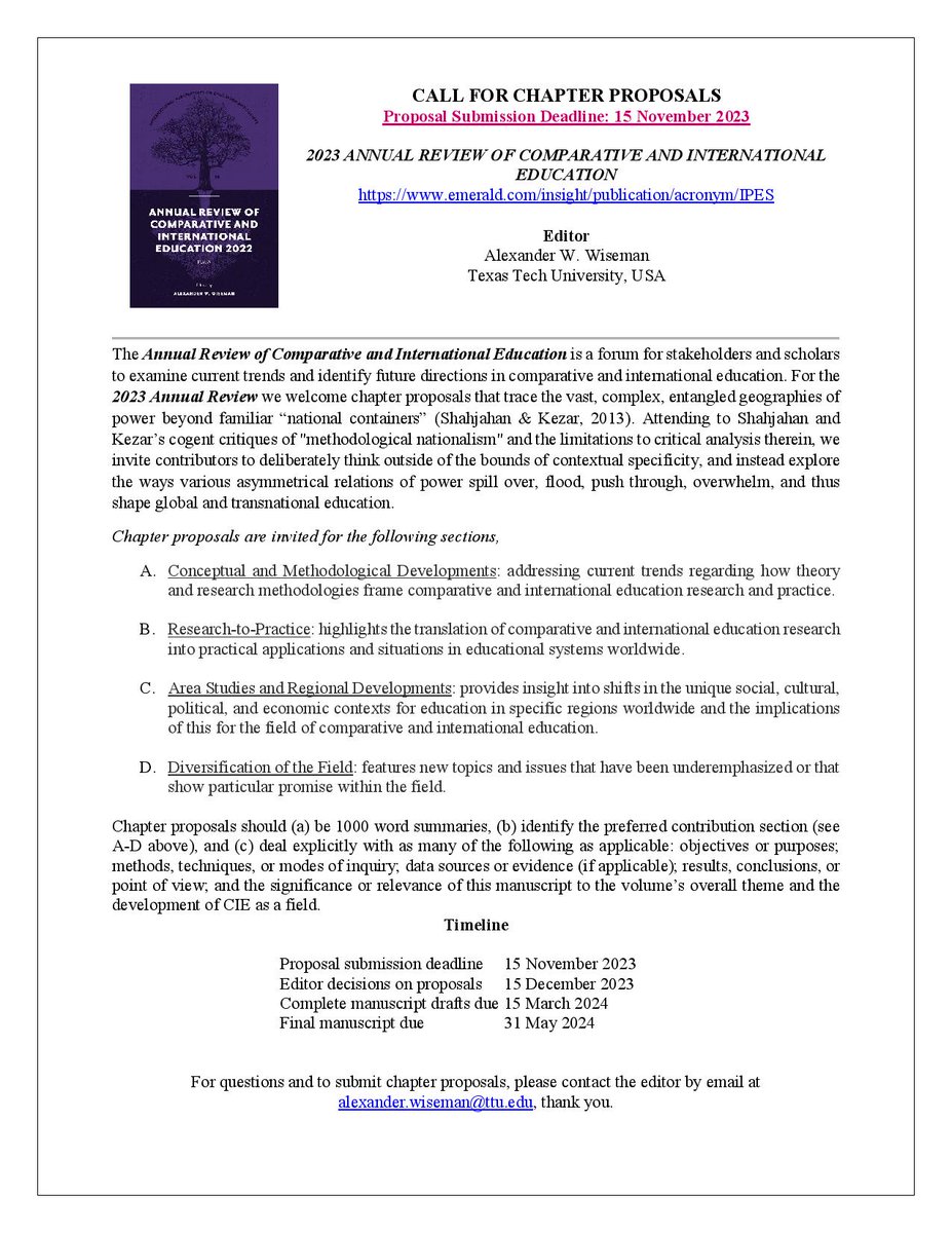 ComparativeEduc's tweet photo. CALL FOR CHAPTER PROPOSALS for the #AnnualReview of #ComparativeEducation #InternationalEducation 2023. Be a part of the ONLY annual review in the field. Submit your chapter proposal by Nov 15. See call here: https://t.co/JVJKqEUUh4 @emerald https://t.co/vEkYUfnMCq