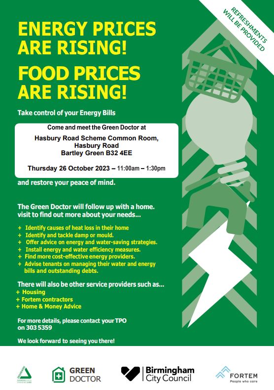 Our Green Doctor West Midlands team are at an event tomorrow💚

The event will be at Hasbury Road Scheme Common Room, Bartley Green with @FortemSolutions on Thursday 26th October, 11 - 1:30pm.  For more information, see the leaflet below 💡