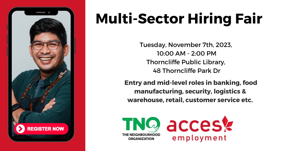 ACCESEmployment's tweet photo. Join ACCES & TNO on November 7th, for an in-person Multi-Sector Hiring Fair.Please register at https://t.co/IvQZ8wzYJC This event will feature employers hiring entry and mid-level roles in banking, food manufacturing, security, logistics & warehouse, retail, customer service etc. https://t.co/NUz6ZfxJMH