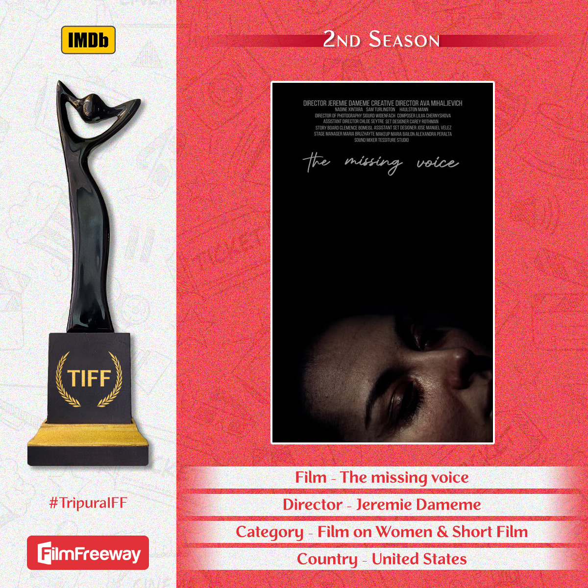 Recently submitted film "The missing voice" directed by Jeremie Dameme will compete in the Short Film and Women's Film categories of the Tripura International Film Festival.

Submit your film/script/photographs via <a href="/FilmFreeway/">FilmFreeway</a> , link in our bio.

Thank you.
#TripuraIFF 🎬