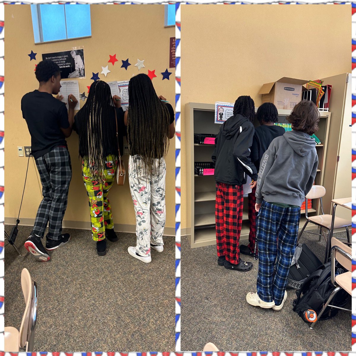 Gallery Walk during pajama day=Less tired students during Social Studies!  

Ss were reading quotes to decide if they were  said by a loyalist or patriot and we looked for clues in the quote to help us know who said it.