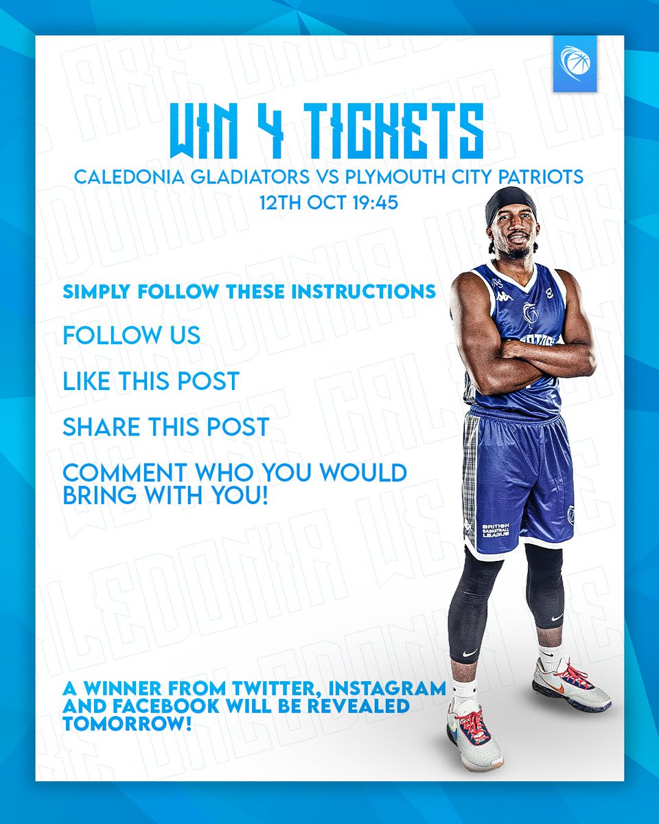 We are giving a lucky fan a chance to WIN 4 x tickets to Thursday's men's home game against Plymouth City Patriots! 🏴󠁧󠁢󠁳󠁣󠁴󠁿🏀 To enter, you must do the following: - Follow us. - Like this post. - Share this post - Tag a friend in the comments below. #WeAreCaledonia #GoGladiators