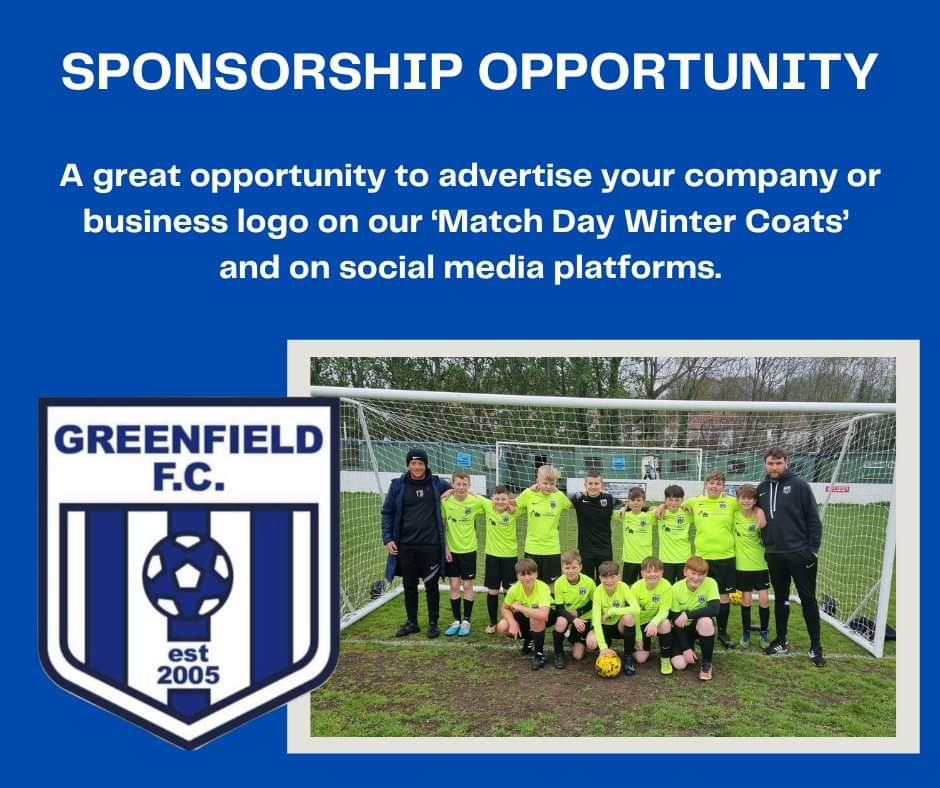 Our Under 13s are looking for a local company/business to sponsor their Match Day Winter Coats.

These coats will be worn by the team for all matches, and your logo will feature weekly on our social media.

Drop us a DM if interested

<a href="/NWalesSocial/">#NorthWalesSocial ⬆️🏴󠁧󠁢󠁷󠁬󠁳󠁿🤝</a> <a href="/Inside_Magzines/">Inside Magazines</a> <a href="/Greenfieldfc/">Greenfield FC</a>
