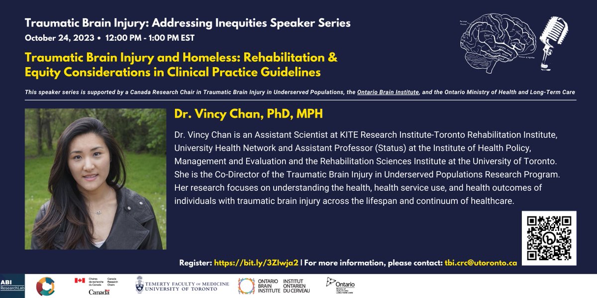 Join us on Oct 24th, 12 PM EST for the next Traumatic Brain Injury: Addressing Inequities Speaker Series, featuring the latest research on #rehabilitation for #TBI &amp; #homelessness &amp; #equity in #clinicalpracticeguidelines from Dr. <a href="/VincyChanRsrch/">Vincy Chan</a>. Register: bit.ly/3ZIwja2