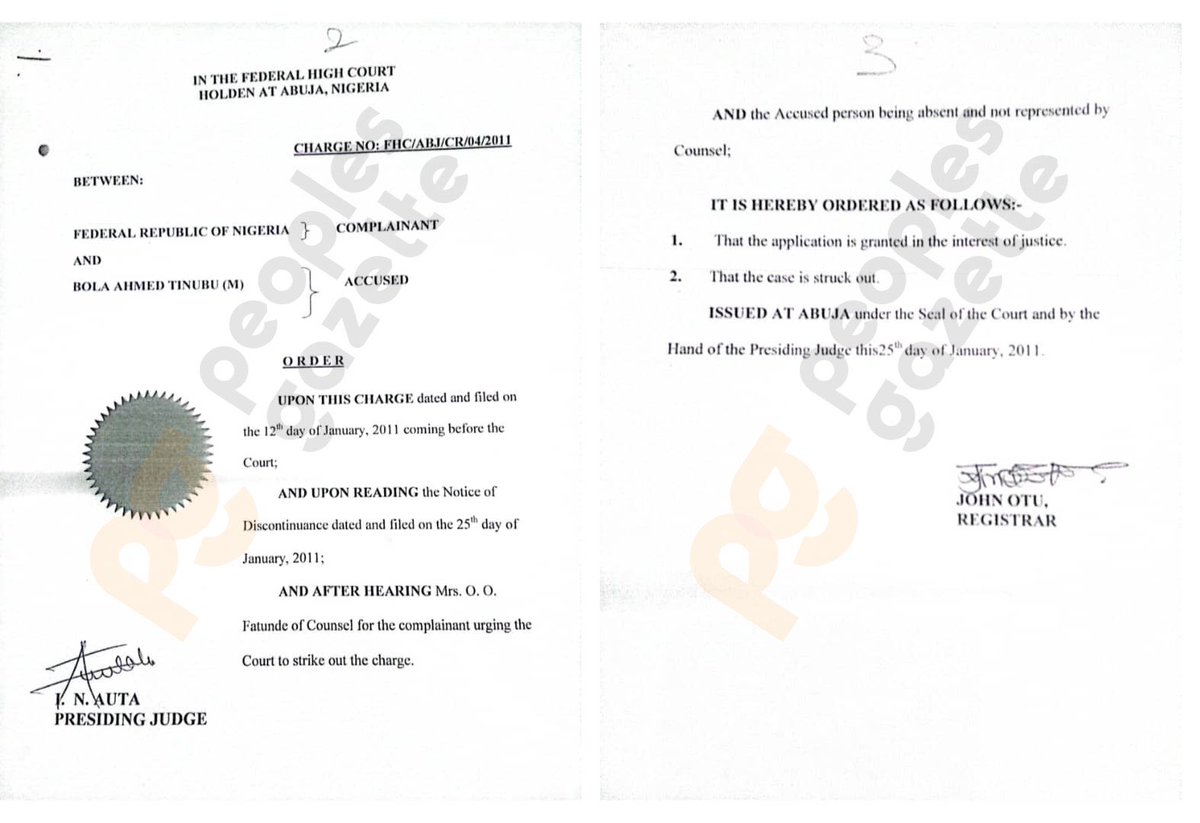 kindwest's tweet photo. Court documents reveal former attorney-general Bello Adoke filed and withdrew federal information against Bola Tinubu in January 2011.

Mr Tinubu suddenly backed Mr Jonathan for a full presidential term a few weeks later, tossing his party's candidate Nuhu Ribadu under the bus. https://t.co/fcblss9gYp