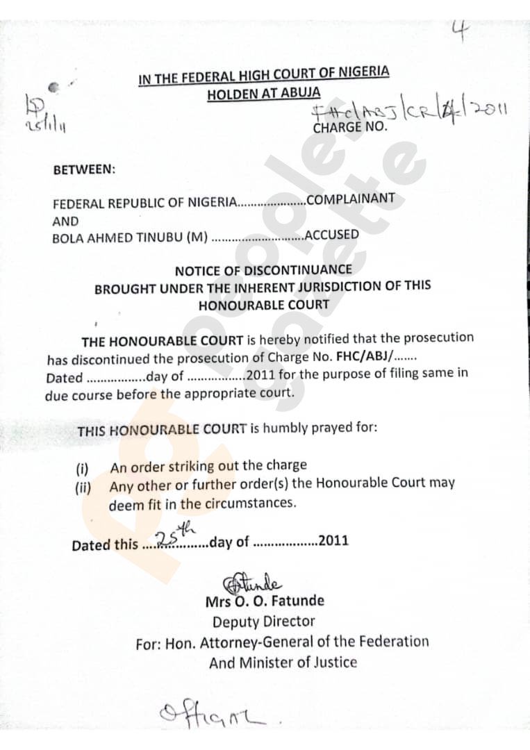 kindwest's tweet photo. Court documents reveal former attorney-general Bello Adoke filed and withdrew federal information against Bola Tinubu in January 2011.

Mr Tinubu suddenly backed Mr Jonathan for a full presidential term a few weeks later, tossing his party's candidate Nuhu Ribadu under the bus. https://t.co/fcblss9gYp
