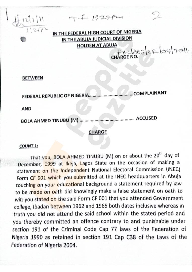 kindwest's tweet photo. Court documents reveal former attorney-general Bello Adoke filed and withdrew federal information against Bola Tinubu in January 2011.

Mr Tinubu suddenly backed Mr Jonathan for a full presidential term a few weeks later, tossing his party's candidate Nuhu Ribadu under the bus. https://t.co/fcblss9gYp