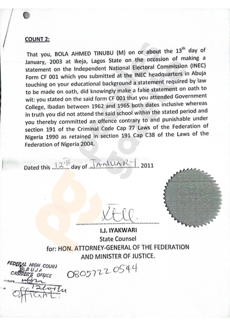 kindwest's tweet photo. Court documents reveal former attorney-general Bello Adoke filed and withdrew federal information against Bola Tinubu in January 2011.

Mr Tinubu suddenly backed Mr Jonathan for a full presidential term a few weeks later, tossing his party's candidate Nuhu Ribadu under the bus. https://t.co/fcblss9gYp