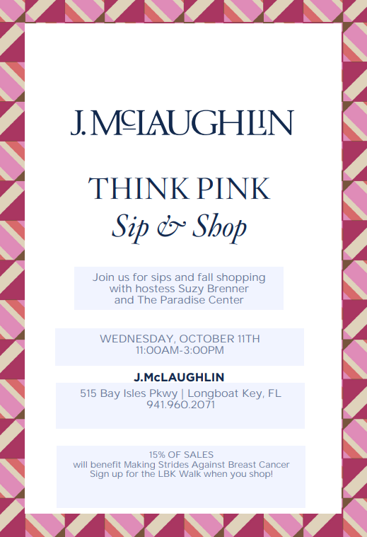 AgingInParadise's tweet photo. Join us Wednesday from 11am-3pm in support of Breast Cancer Awareness Month @ J.McLaughlin on Longboat Key. https://t.co/gdh7pNbQm8