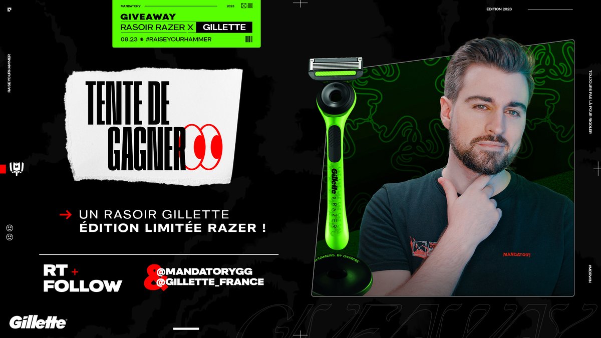 Tente de gagner un rasoir Gillette x Razer en édition limitée ! 🪒 Parfait pour être aussi beau que HyP pendant vos sessions de jeu 😳 Pour participer : 🔁 RT ce tweet 👤 Follow @mandatorygg et @Gillette_France #Publicité