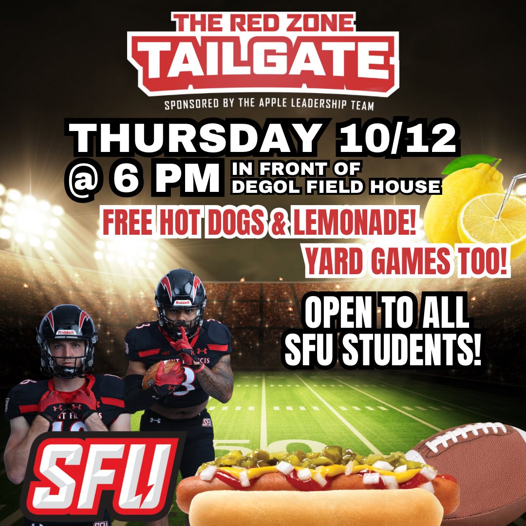 #BlackOutDeGol See you this Thursday for a game under the lights! Let’s #PackDeGol and help @RedFlashFB beat Wagner in a BIG game on national 📺! FREE hot dogs 🌭 and lemonade 🍋 to ALL SFU STUDENTS!! We will have yard games to play as well!