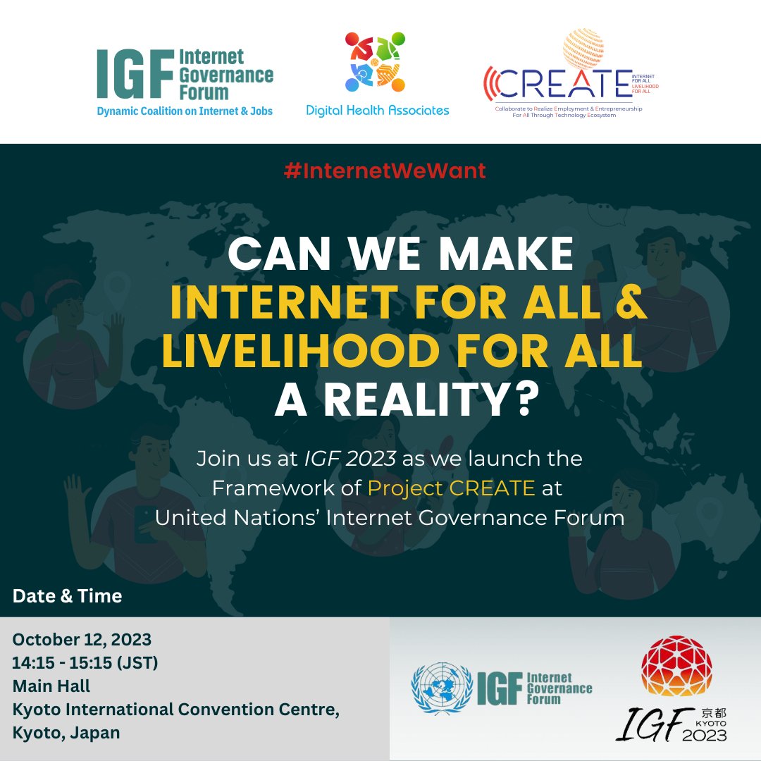 _Project_Create's tweet photo. Join us on October 12, 2023 at 14:15 (JST) as we launch the Framework of #ProjectCREATE during the DC Main Session at the @UN Internet Governance Forum.
#Internet #Technology #Tech4Jobs #Jobs #JobCreation #InternetWeWant #InternetForAll #LivelihoodForAll #IGF2023 #IGF #IGFKyoto https://t.co/pWS1DmKuI7