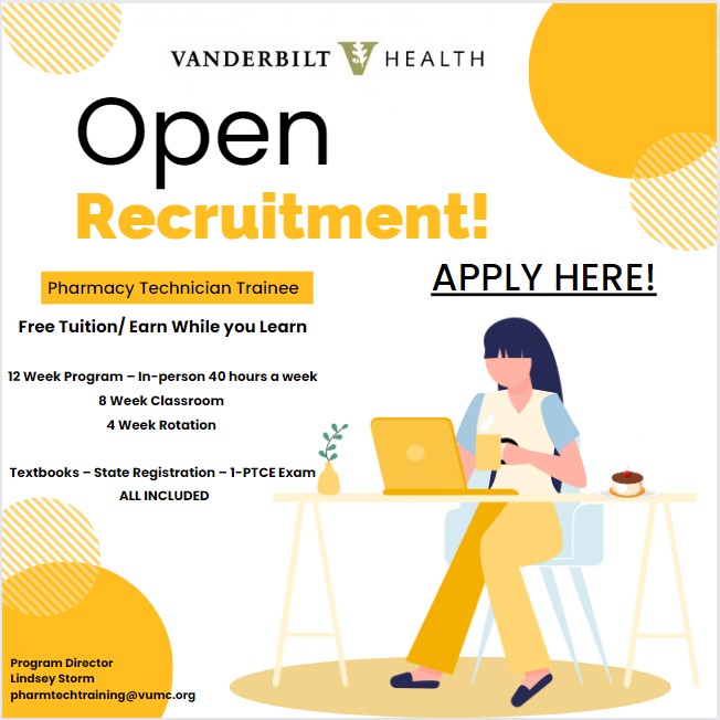 vumcpharmtech's tweet photo. Open Recruitment for our Spring 24 Class!!!

If you or anyone you know would like to become a pharmacy technician, check our website out!!!!

https://t.co/n9iZc5V8rN

APPLY HERE for our Spring Cohort!
https://t.co/pcfdYiSw5r https://t.co/05snQx4ZcX