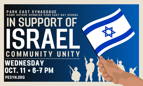 PESynagogue's tweet image. COMMUNITY UNITY IN SUPPORT OF #ISRAEL
Wednesday, October 11 from 6-7 PM at Park East Synagogue
With the participation of our Day School choir, and the entire Park East community, we open our doors to those who wish to stand and support of Israel.
RSVP shor.by/3BTC