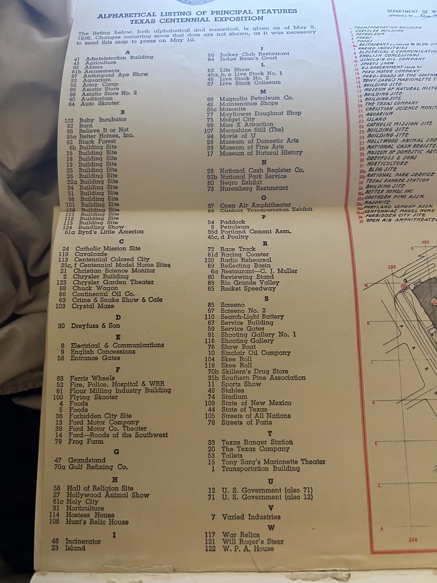 TSPArchive's tweet image. An interesting look into some of the original attractions of the 1936 Centennial Exposition in Fair Park. This is a fold-out map from an original centennial souvenir guide in our collection.
