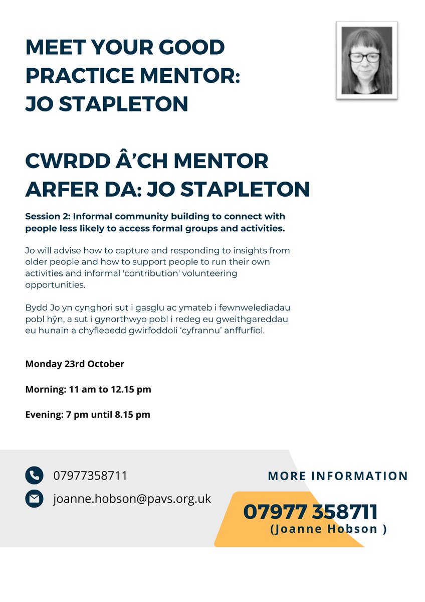 local groups or organisations in Pembrokeshire- do you  want to increase your support of older people in the community? 
join our best practice mentor session with Jo Stapleton -practical online ‘know how’ sessions 
to book email joanne.hobson@pavs.org.uk