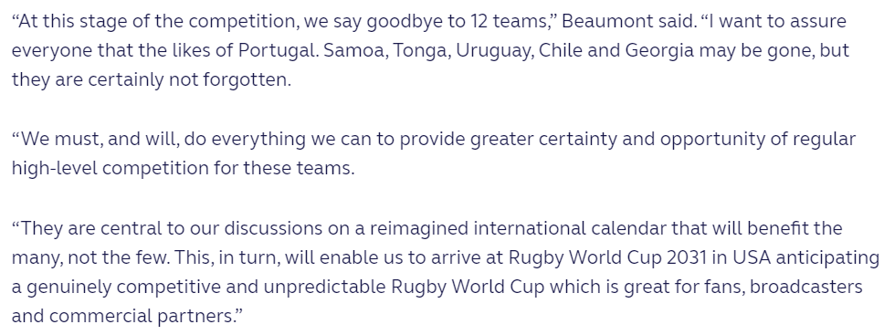 Bill Beaumont quote in WR press release on 'Tier 2' teams (rugbyworldcup.com/2023/news/8769…). When you hear what they actually have planned with their World League which shuts out all the teams he names you would understand this shallow statement is simply insulting.
