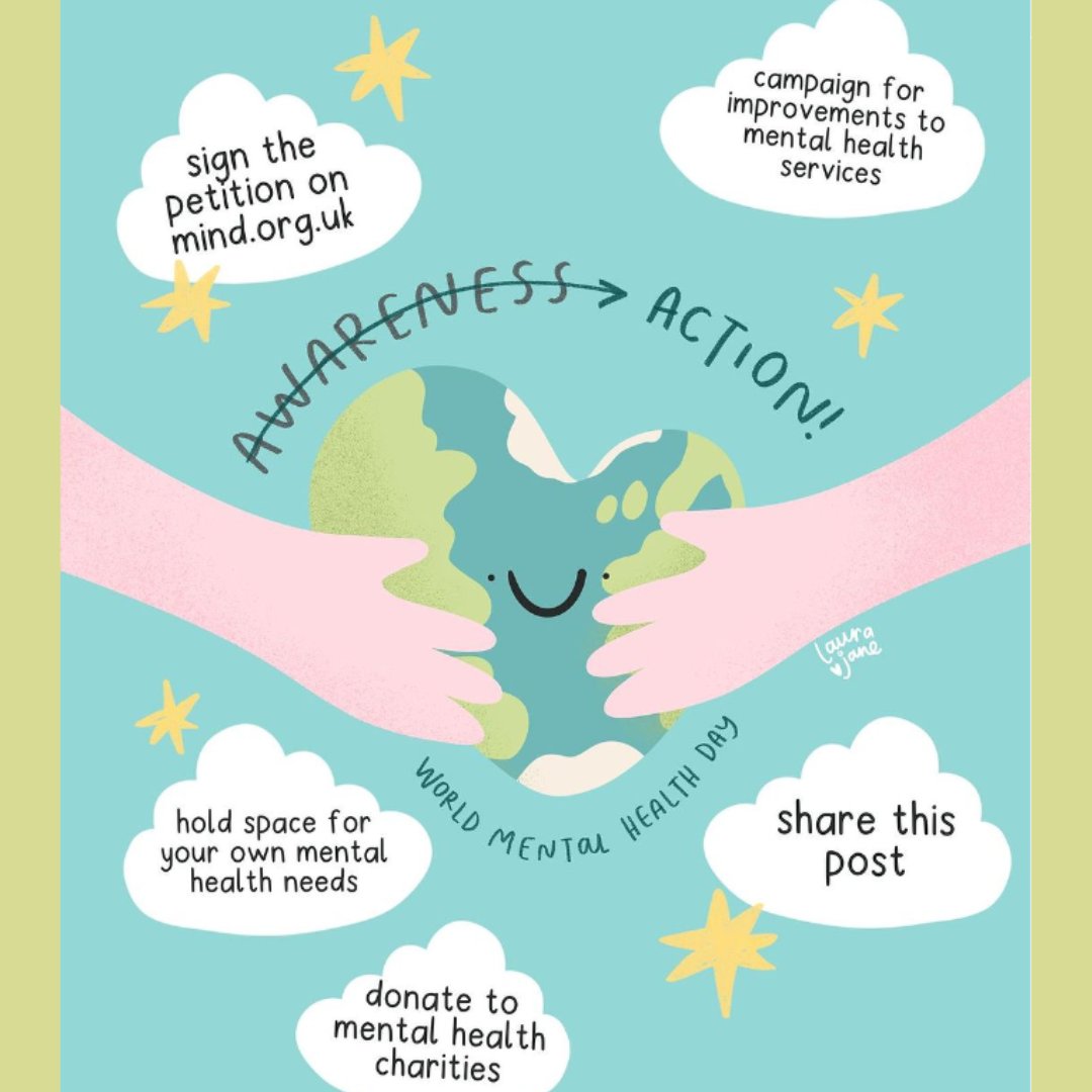 We love this from @llaurajaneillustrations and @MindCharity for World Mental Health Day. It’s not enough to just be aware of mental health. We need to take ACTION to improve services and resources for those who need them 🌍 #WorldMentalHealthDay #TimeForAction